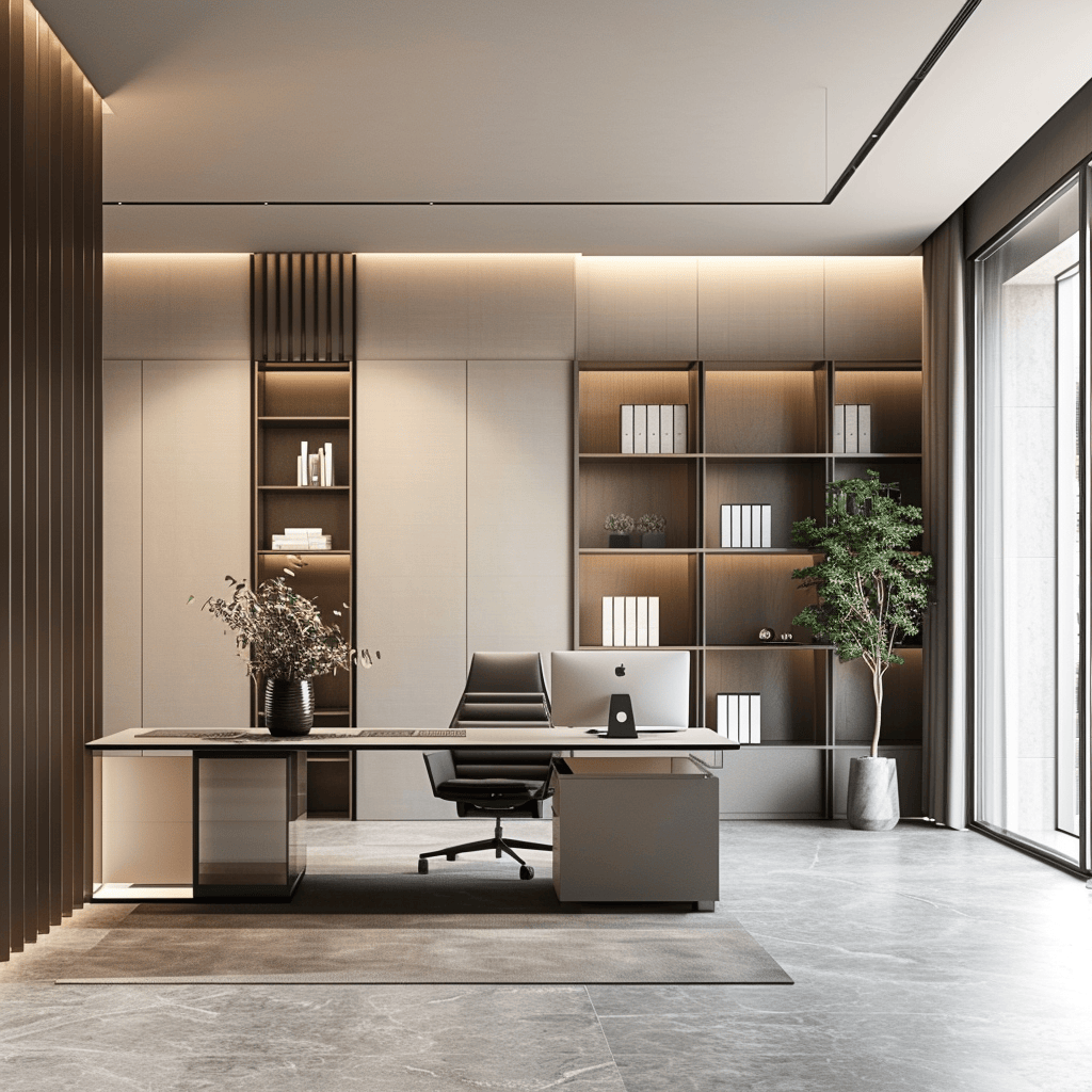 Executive CEO cabin with bespoke joinery, layered lighting and refined material palette
