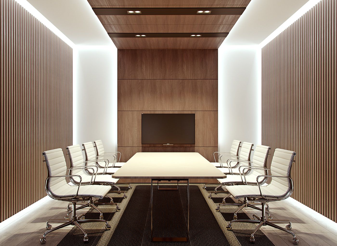 Premium boardroom with fluted timber walls, integrated lighting and executive seating